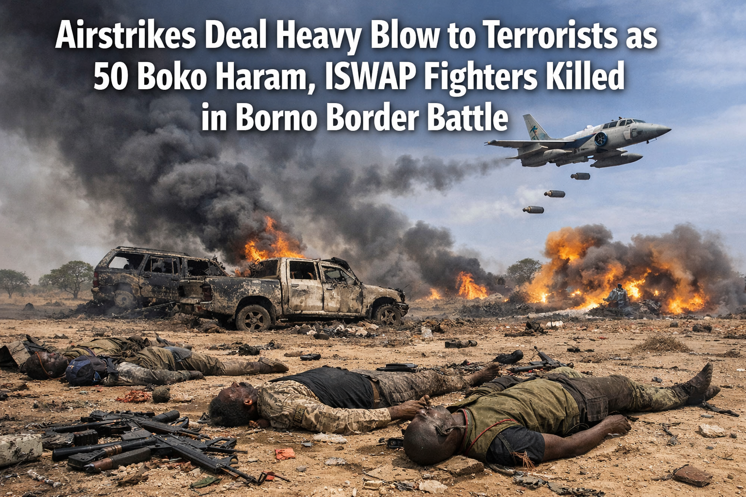 Airstrikes Deal Heavy Blow to Terrorists as 50 Boko Haram, ISWAP Fighters Killed in Borno Border Battle