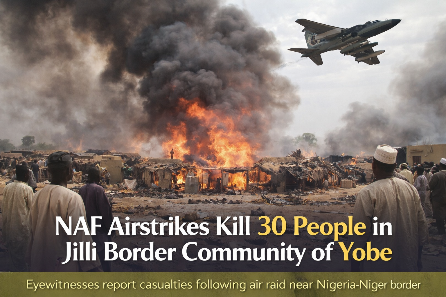 NAF airstrikes kill 30 people in Jilli border community of Yobe.