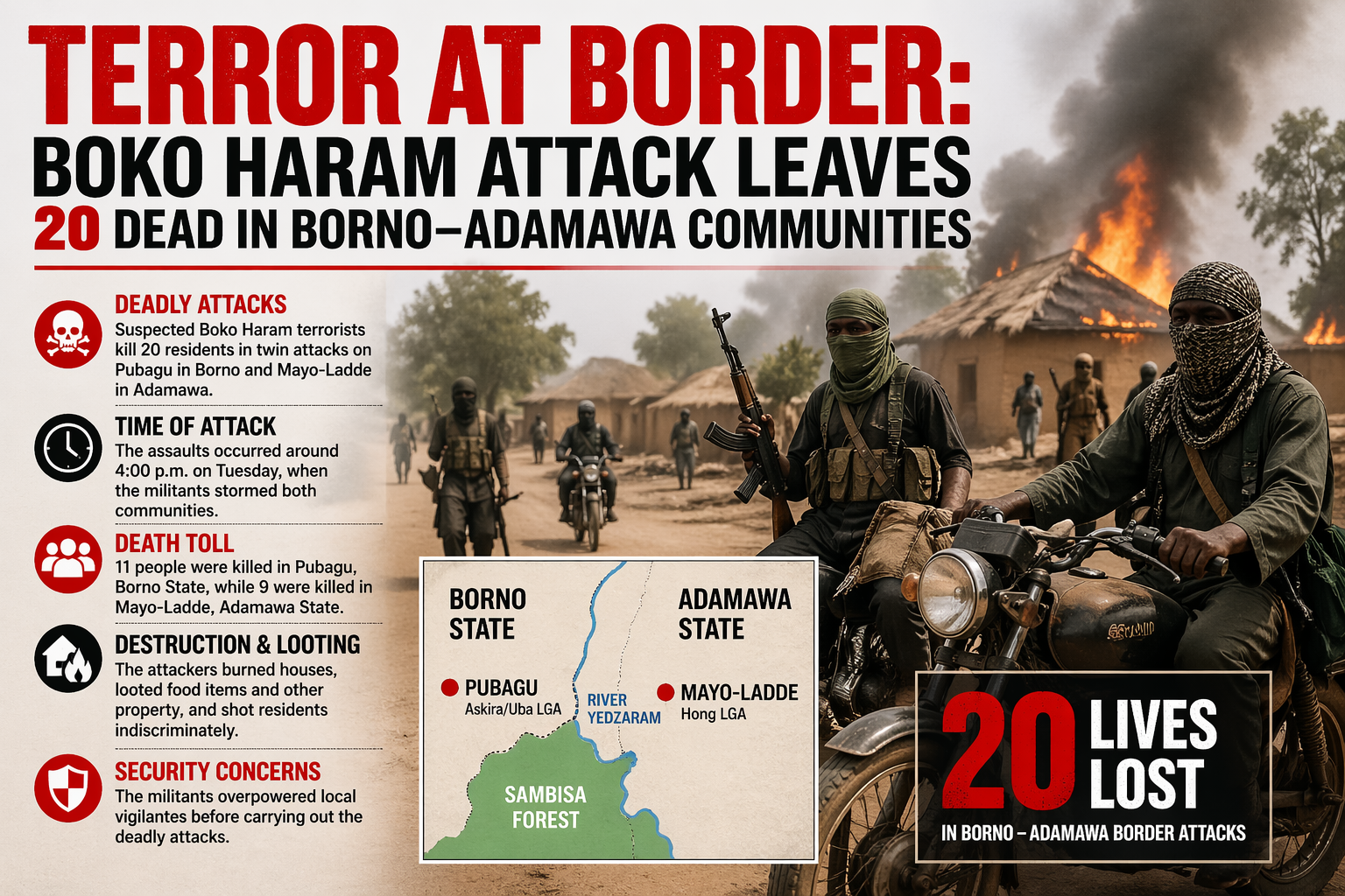 Terror at Border: Boko Haram Attack Leaves 20 Dead in Borno–Adamawa Communities  