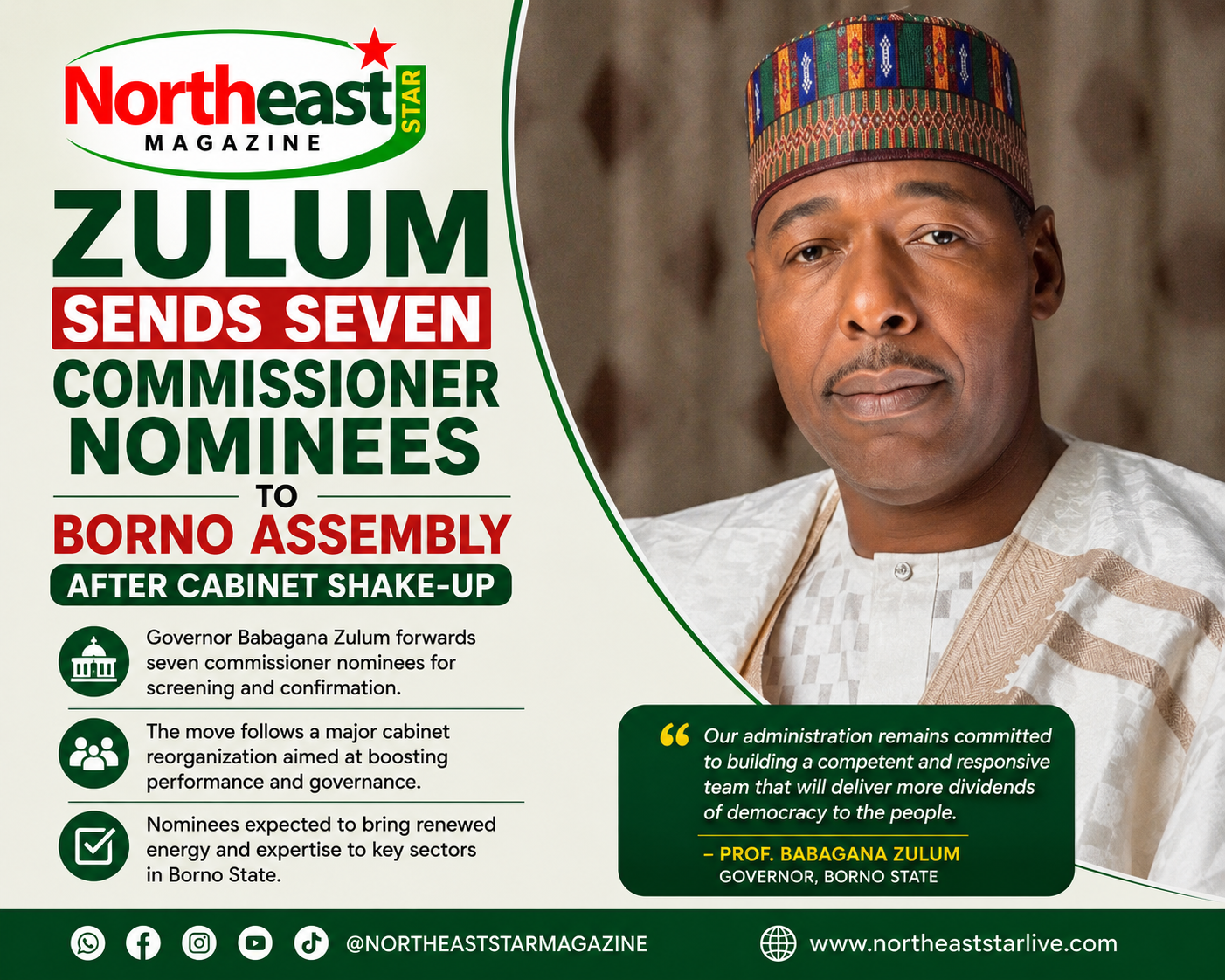 Zulum Sends Seven Commissioner Nominees to Borno Assembly After Cabinet Shake-Up