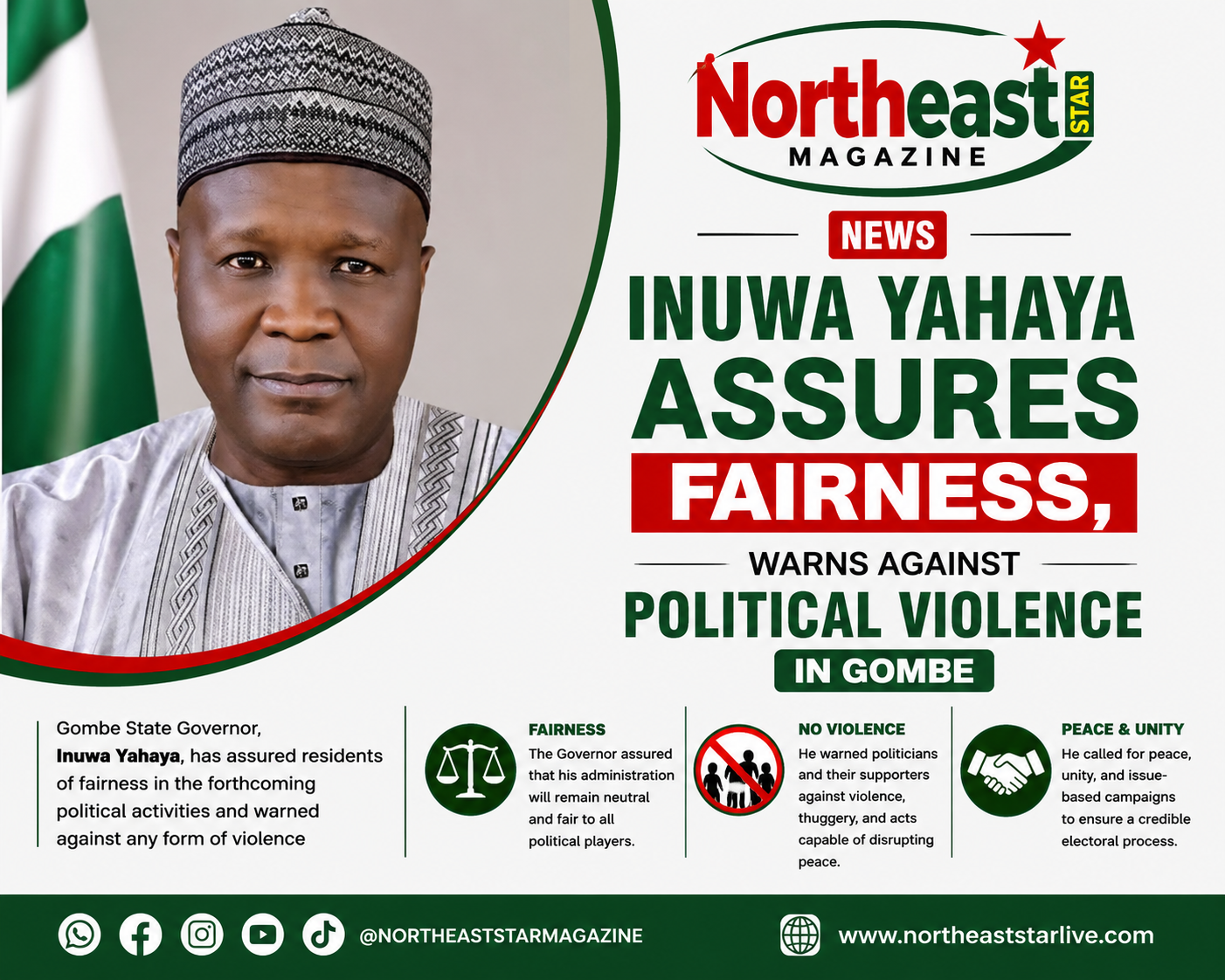 Governor Yahaya Assures Fairness, Warns Against Political Violence in Gombe
