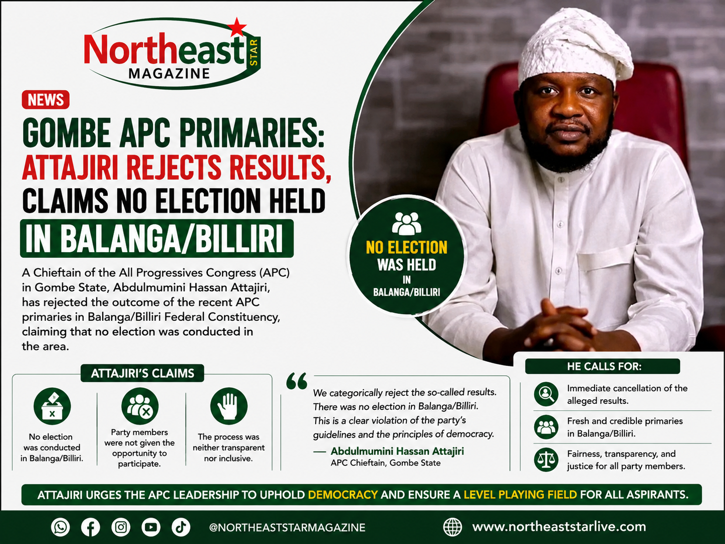 Gombe APC Primaries: Attajiri Rejects Results, Claims No Election Held in Balanga/Billiri